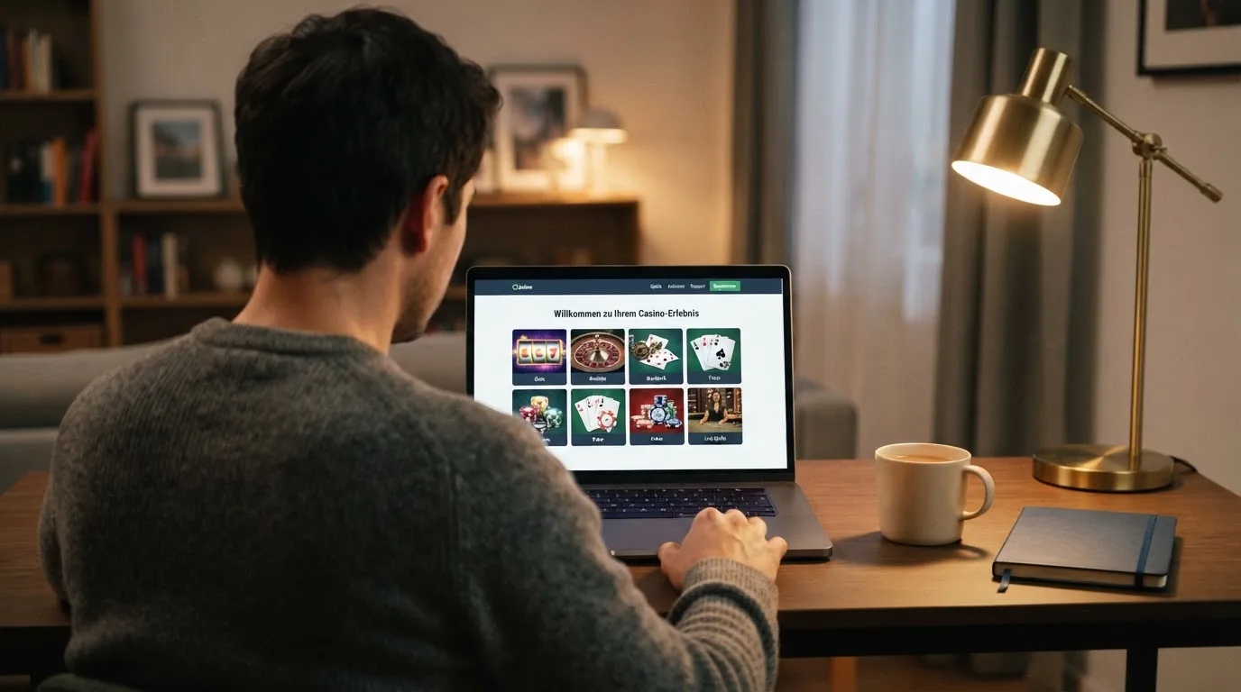 Person am Laptop liest eine Übersichtsseite zu Glücksspielen im Internet — 10 euro bonus ohne einzahlung casino