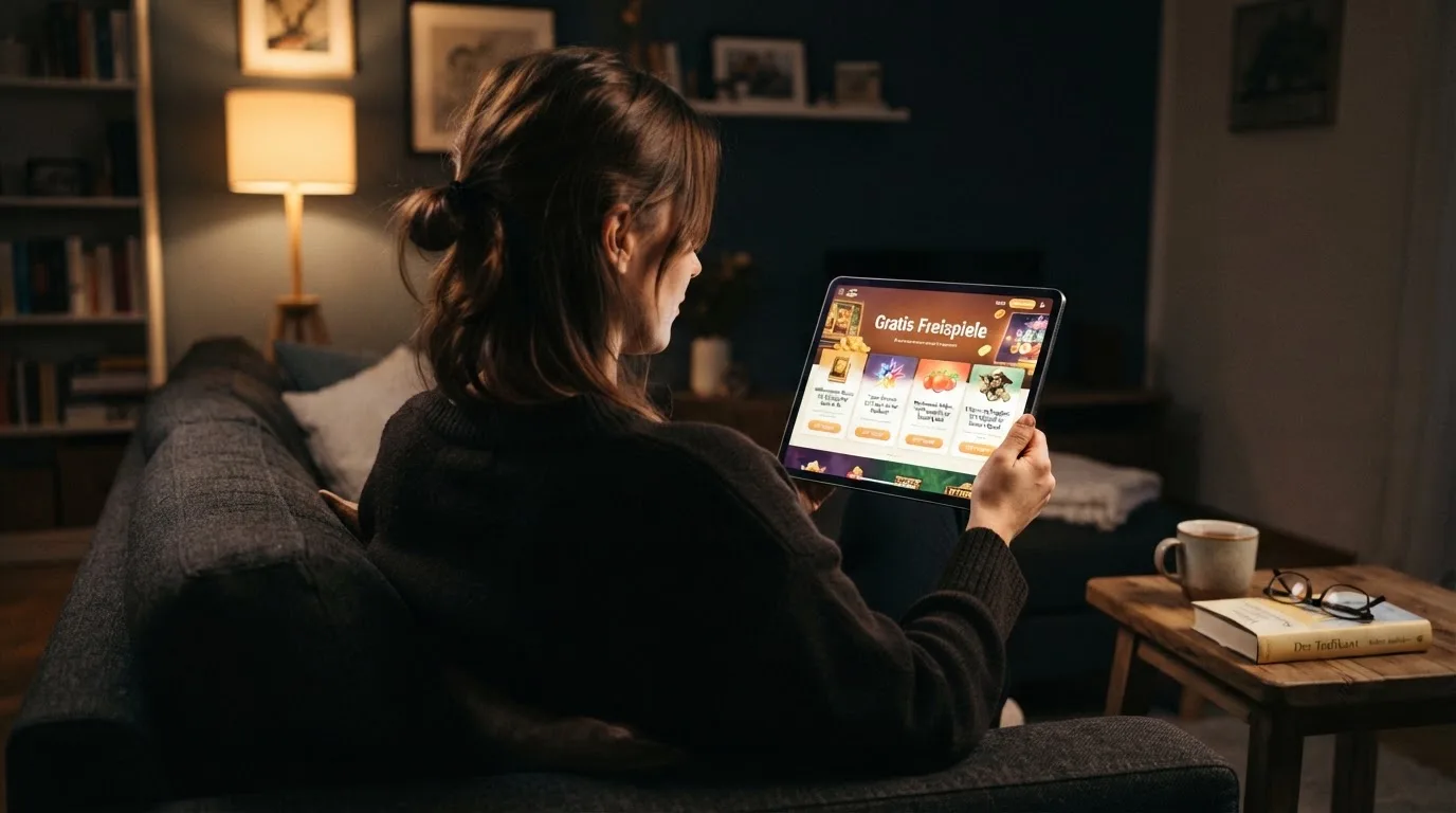 Person sitzt entspannt auf einem Sofa und blickt konzentriert auf ein Tablet in gedämpftem Wohnzimmerlicht am Abend.