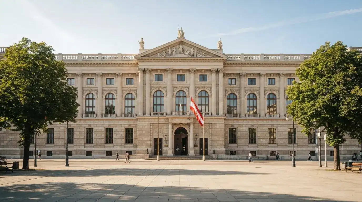 Fassade eines klassizistischen Wiener Amtsgebäudes mit österreichischer Flagge an einem klaren Nachmittag.