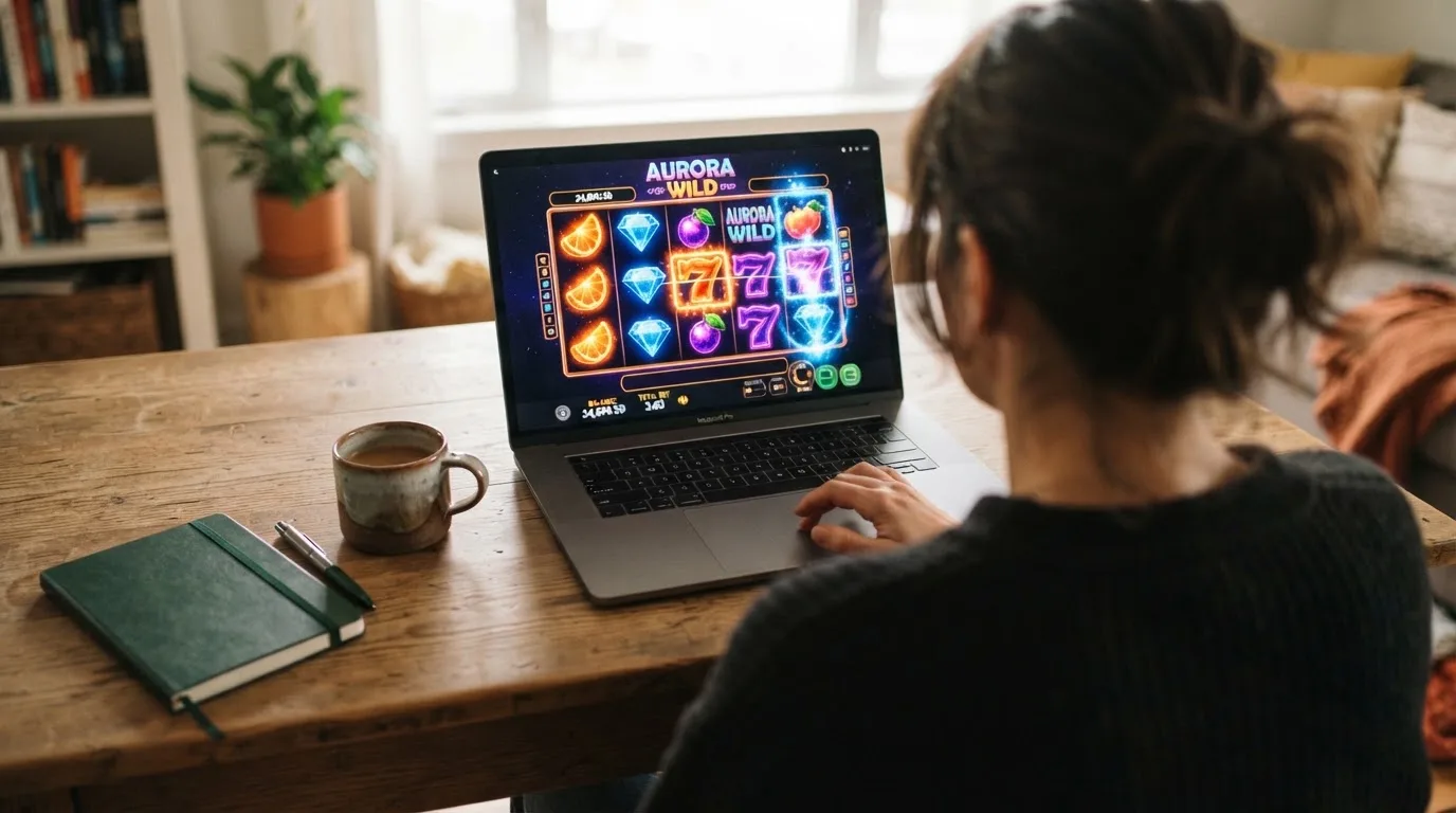 Person am Laptop liest eine Übersichtsseite zu Glücksspielen im Internet — 15 euro bonus ohne einzahlung casino