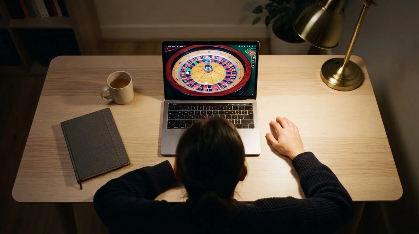 Person am Laptop liest eine Übersichtsseite zu Glücksspielen im Internet — 20 euro bonus ohne einzahlung casino