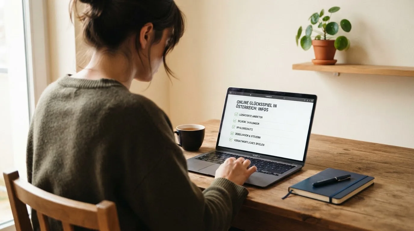Person am Laptop liest eine Übersichtsseite zu Glücksspielen im Internet — 20 freispiele ohne einzahlung