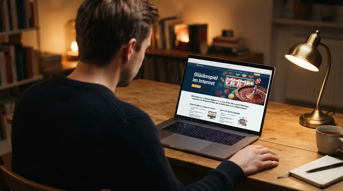 Person am Laptop liest eine Übersichtsseite zu Glücksspielen im Internet — 30 euro bonus ohne einzahlung casino