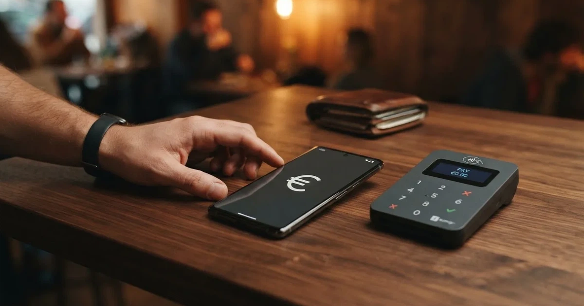 Kartenterminal und Smartphone auf einem Holztisch neben einer Geldbörse — 30 euro bonus ohne einzahlung casino