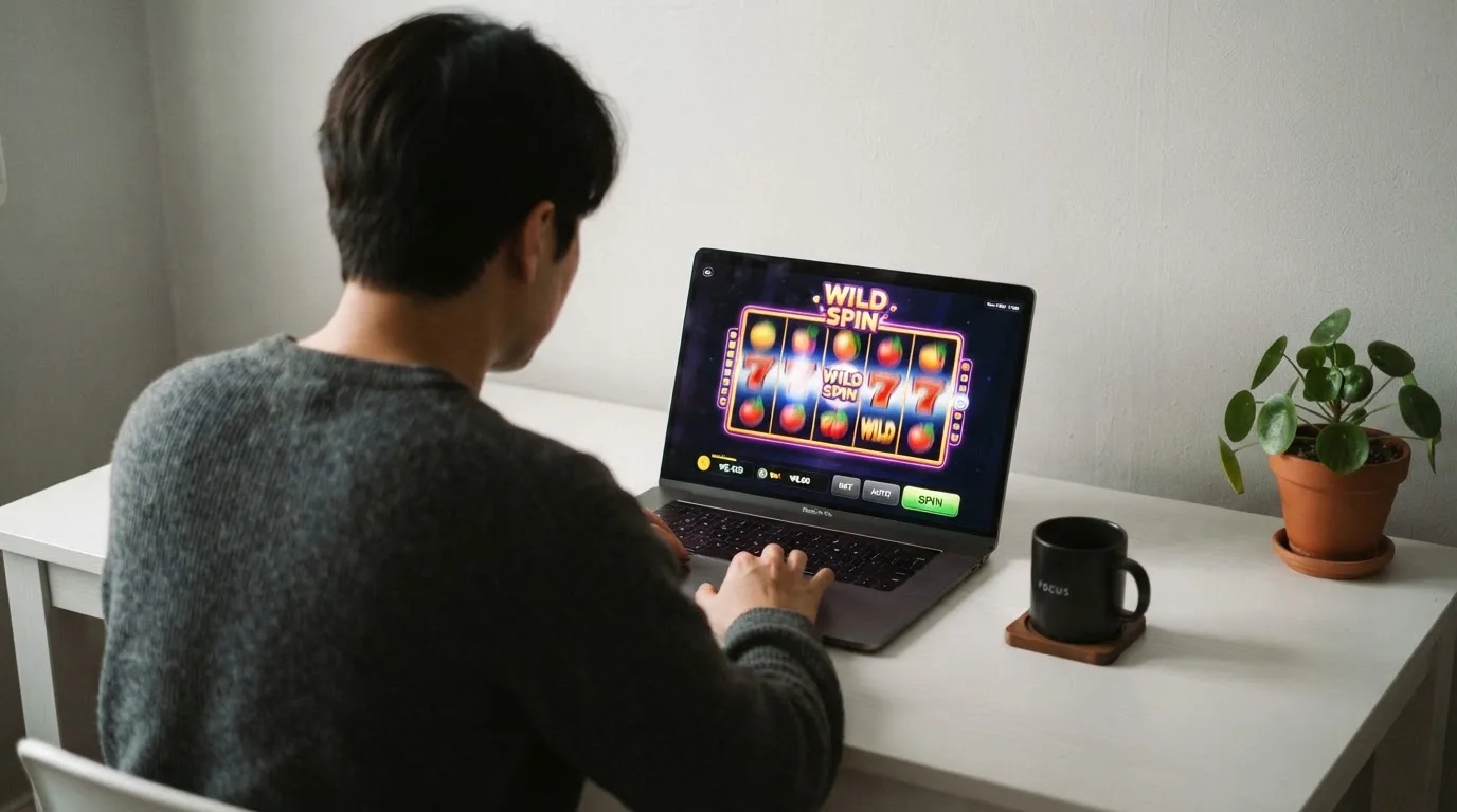 Person am Laptop liest eine Übersichtsseite zu Glücksspielen im Internet — 40 euro bonus ohne einzahlung casino