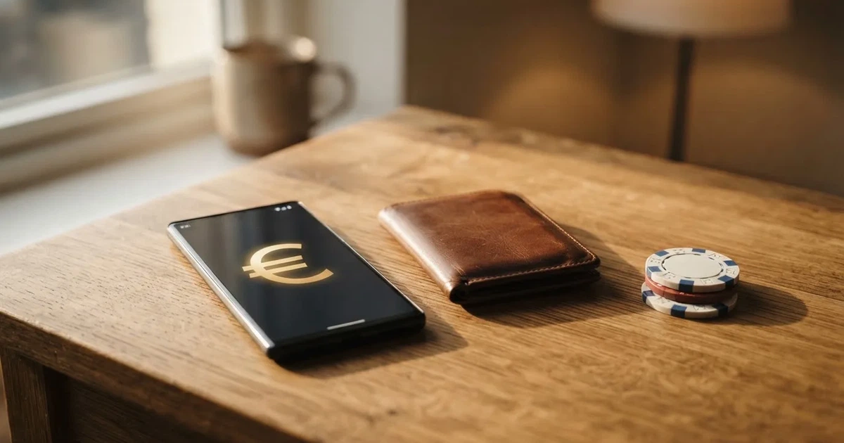 Kartenterminal und Smartphone auf einem Holztisch neben einer Geldbörse — 40 euro bonus ohne einzahlung casino
