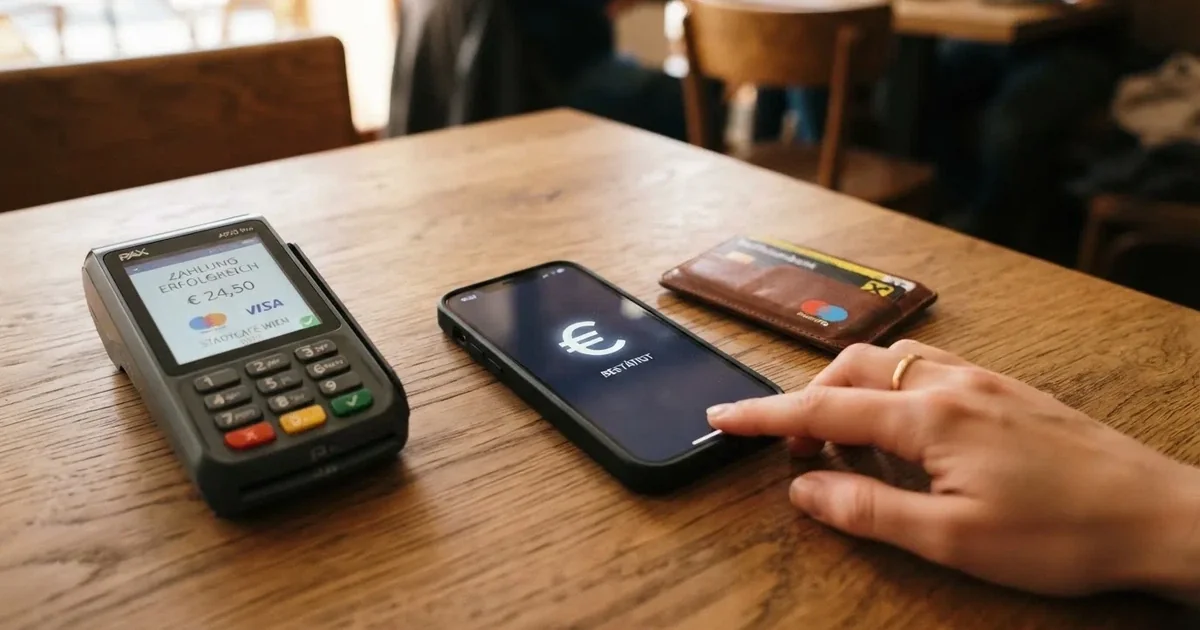 Kartenterminal und Smartphone auf einem Holztisch neben einer Geldbörse — 5 euro bonus ohne einzahlung casino