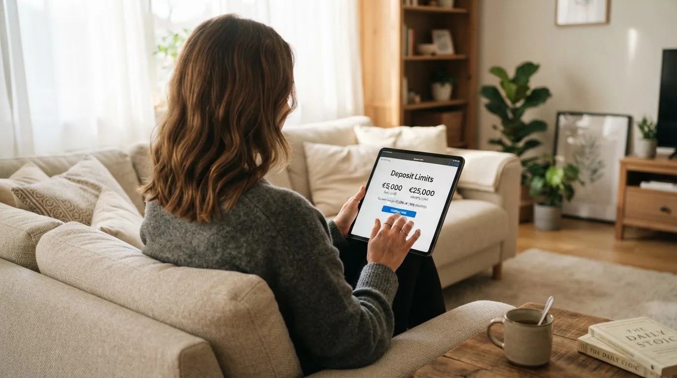 Person sitzt entspannt mit einem Tablet auf dem Schoß in einem hellen Wohnzimmer und blickt konzentriert auf den Bildschirm.