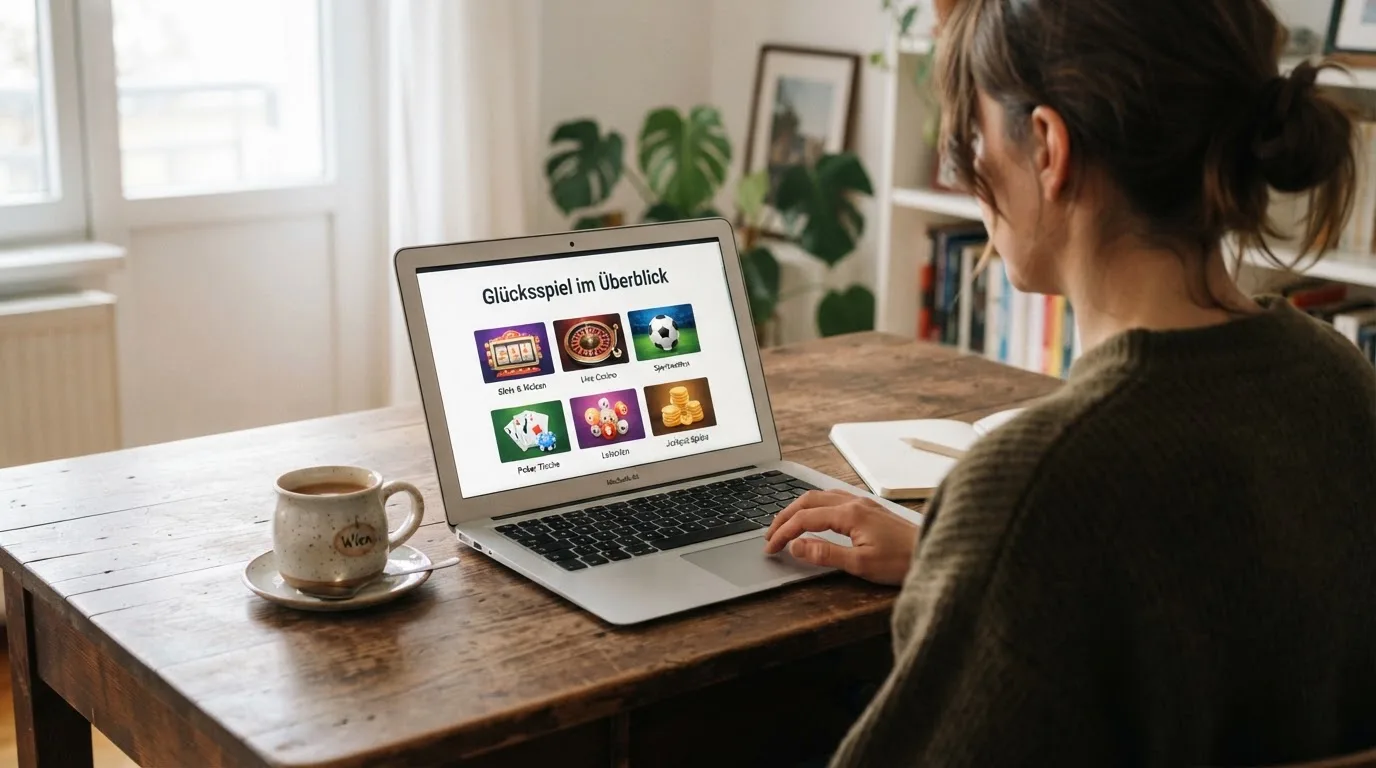 Person am Laptop liest eine Übersichtsseite zu Glücksspielen im Internet — aviator online casino