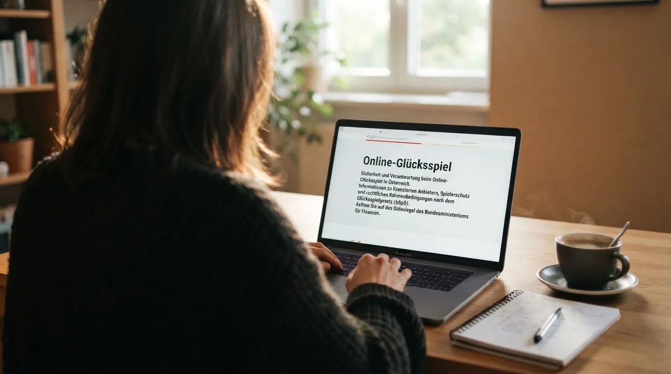 Person am Laptop liest eine Übersichtsseite zu Glücksspielen im Internet — best crypto casino österreich