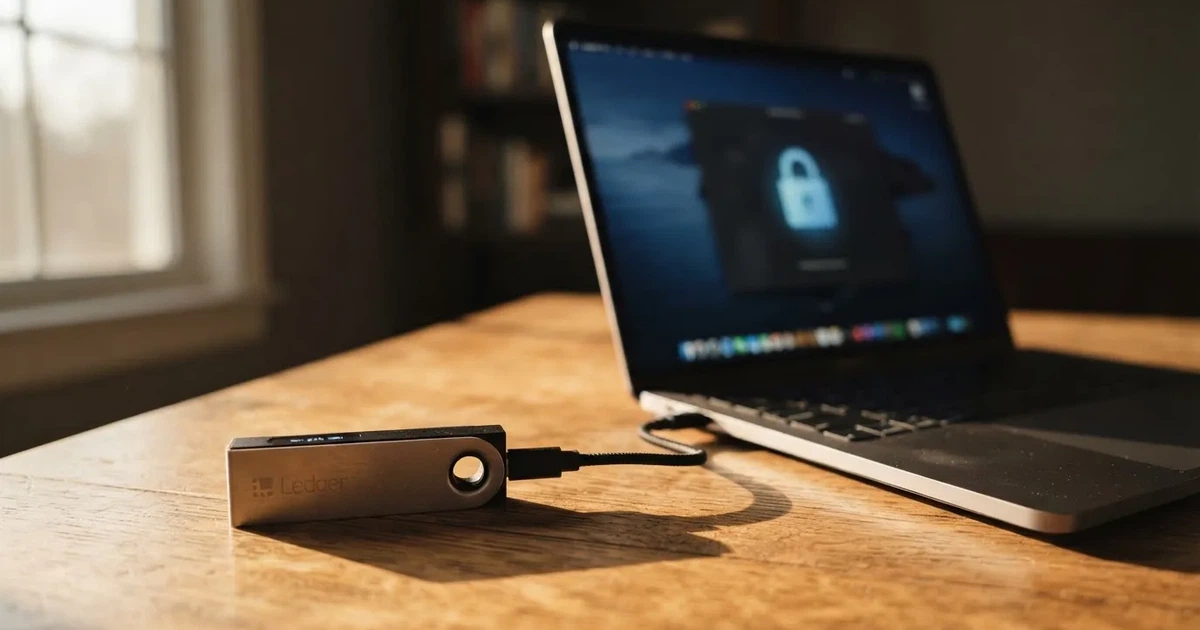 Hardware-Wallet und Laptop auf einem Schreibtisch mit stilisiertem digitalem Schloss — best crypto casino österreich