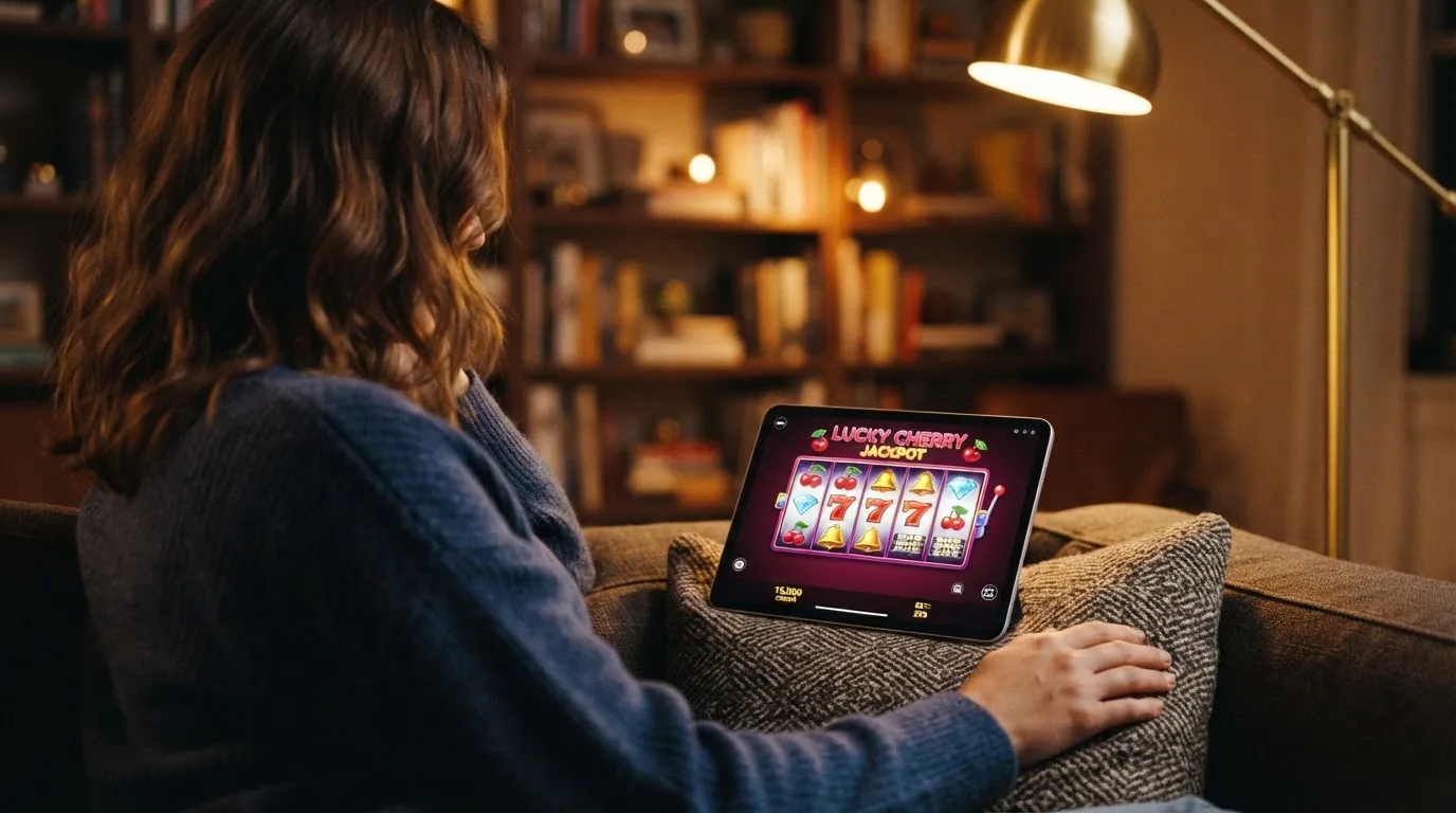 Person sitzt entspannt auf einem Sofa und blickt konzentriert auf ein Tablet in gedämpftem Wohnzimmerlicht am Abend.
