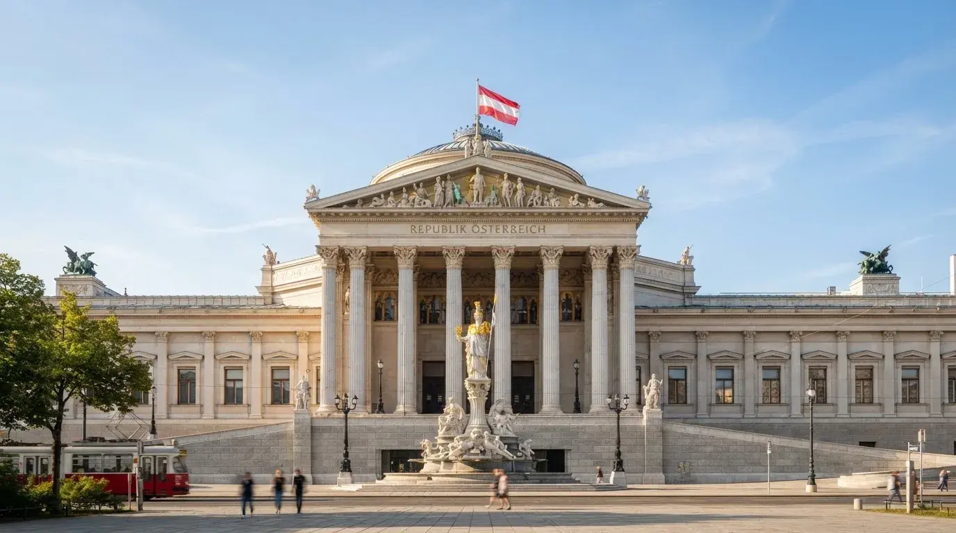 Fassade eines klassizistischen Wiener Amtsgebäudes mit österreichischer Flagge an einem klaren Nachmittag.
