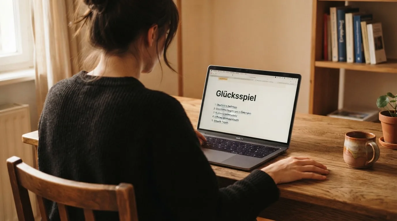 Person am Laptop liest eine Übersichtsseite zu Glücksspielen im Internet — beste casino mit schneller auszahlung