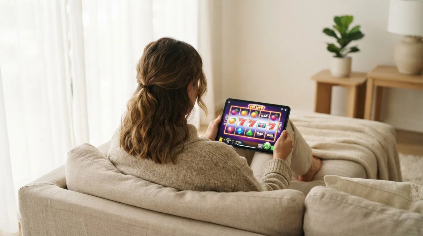 Person sitzt entspannt mit einem Tablet auf dem Schoß in einem hellen Wohnzimmer.