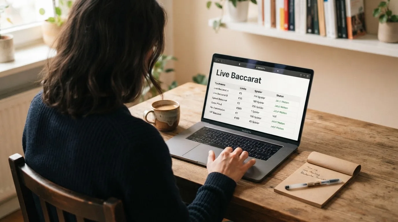 Person am Laptop liest eine Übersichtsseite zu Glücksspielen im Internet — beste live baccarat österreich