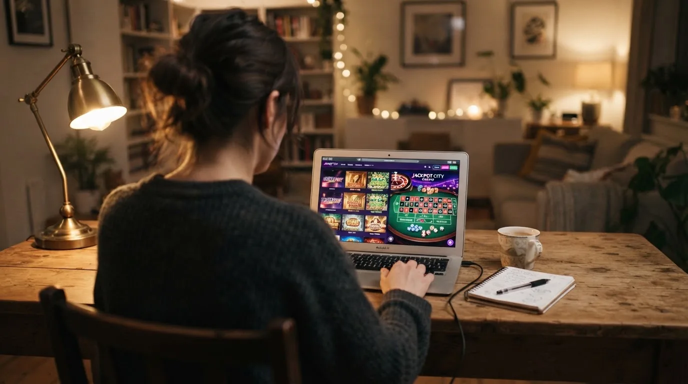Person am Laptop liest eine Übersichtsseite zu Glücksspielen im Internet — beste online casino ausland