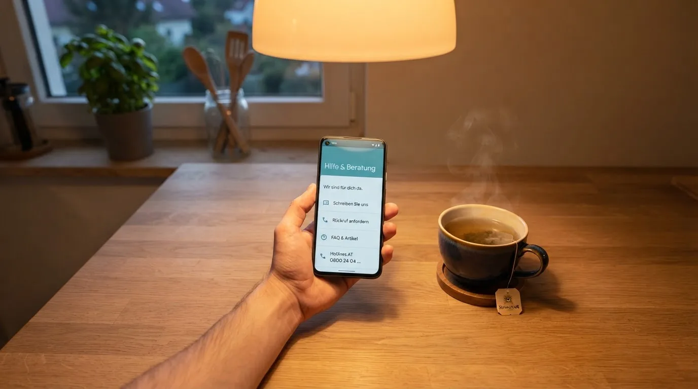 Hand hält ein Smartphone, daneben eine Tasse Tee, ruhige Abendstimmung am Küchentisch — beste online casino ausland
