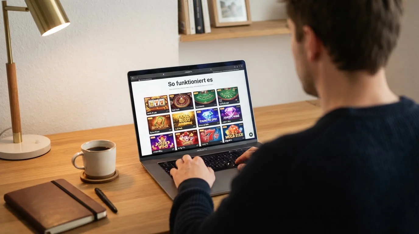 Person am Laptop liest eine Übersichtsseite zu Glücksspielen im Internet — beste online casino echtgeld app