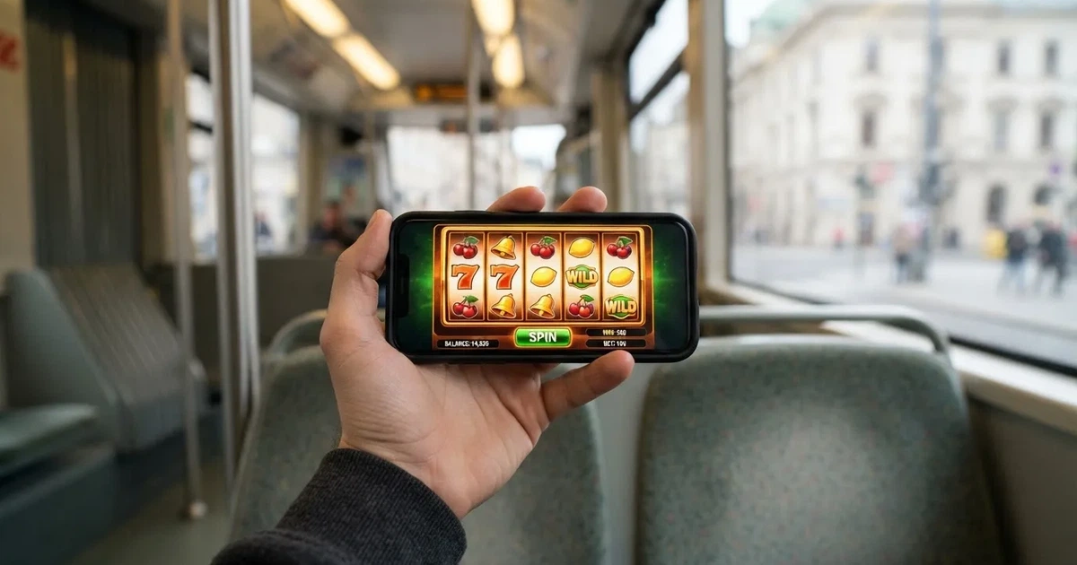 Smartphone in der Hand in einer Wiener Straßenbahn, ohne sichtbares Logo — beste online casino echtgeld app