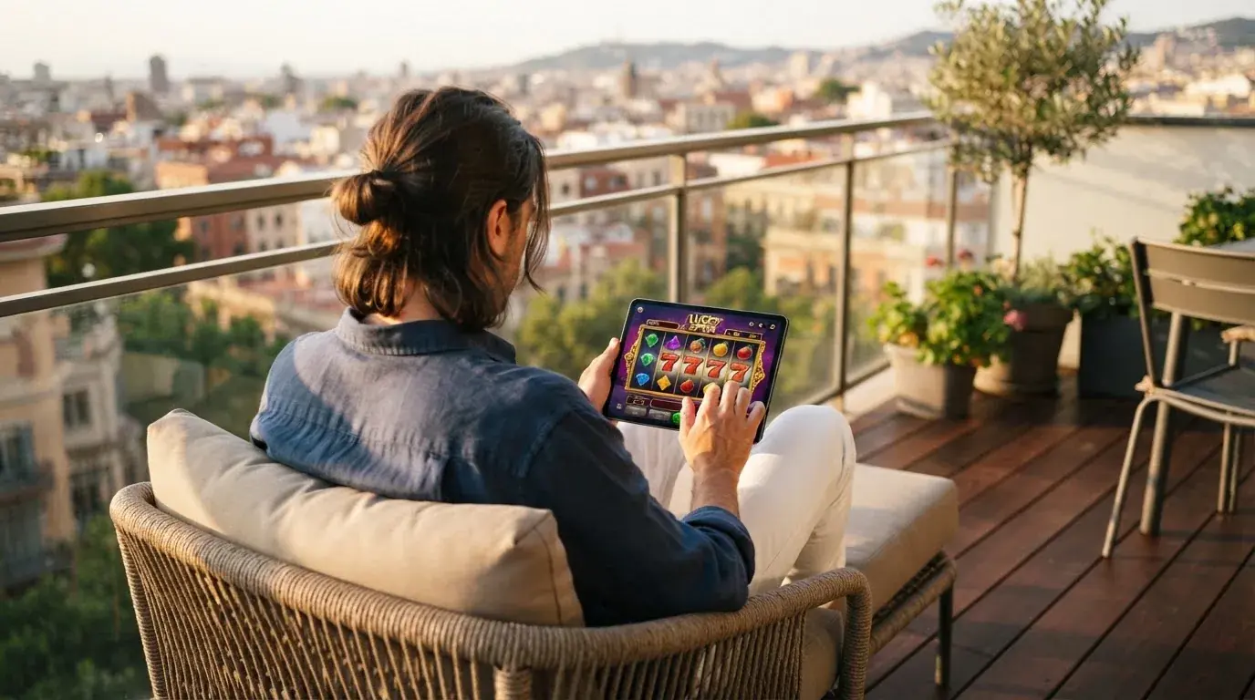 Person sitzt entspannt mit einem Tablet auf dem Balkon eines modernen Apartments.