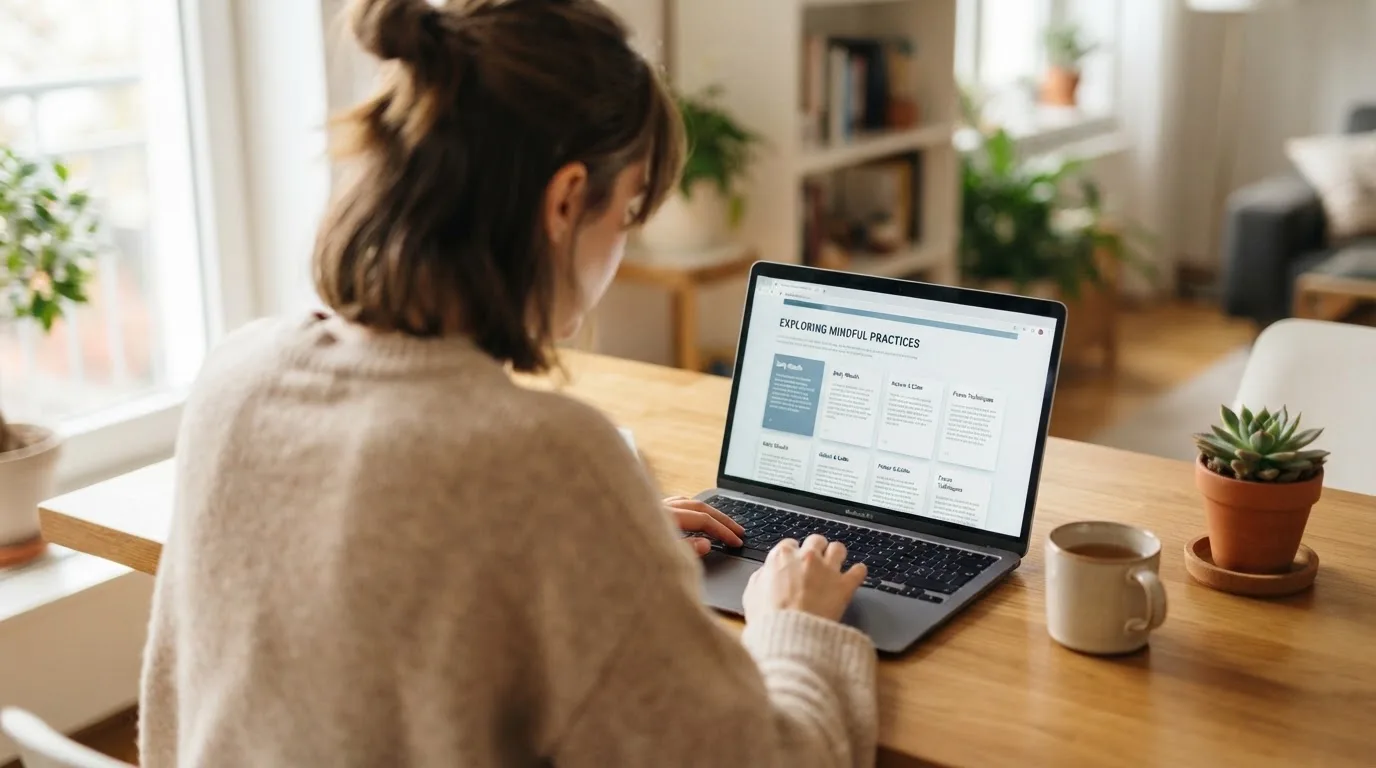 Person am Laptop liest eine Übersichtsseite zu Glücksspielen im Internet — beste online casino mit banküberweisung bezahlen