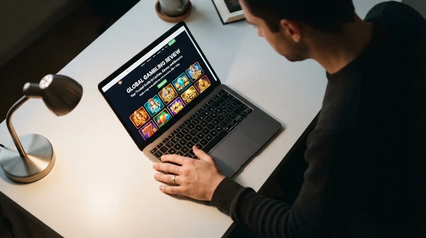 Person am Laptop liest eine Übersichtsseite zu Glücksspielen im Internet — beste online casino mit cashtocode bezahlen