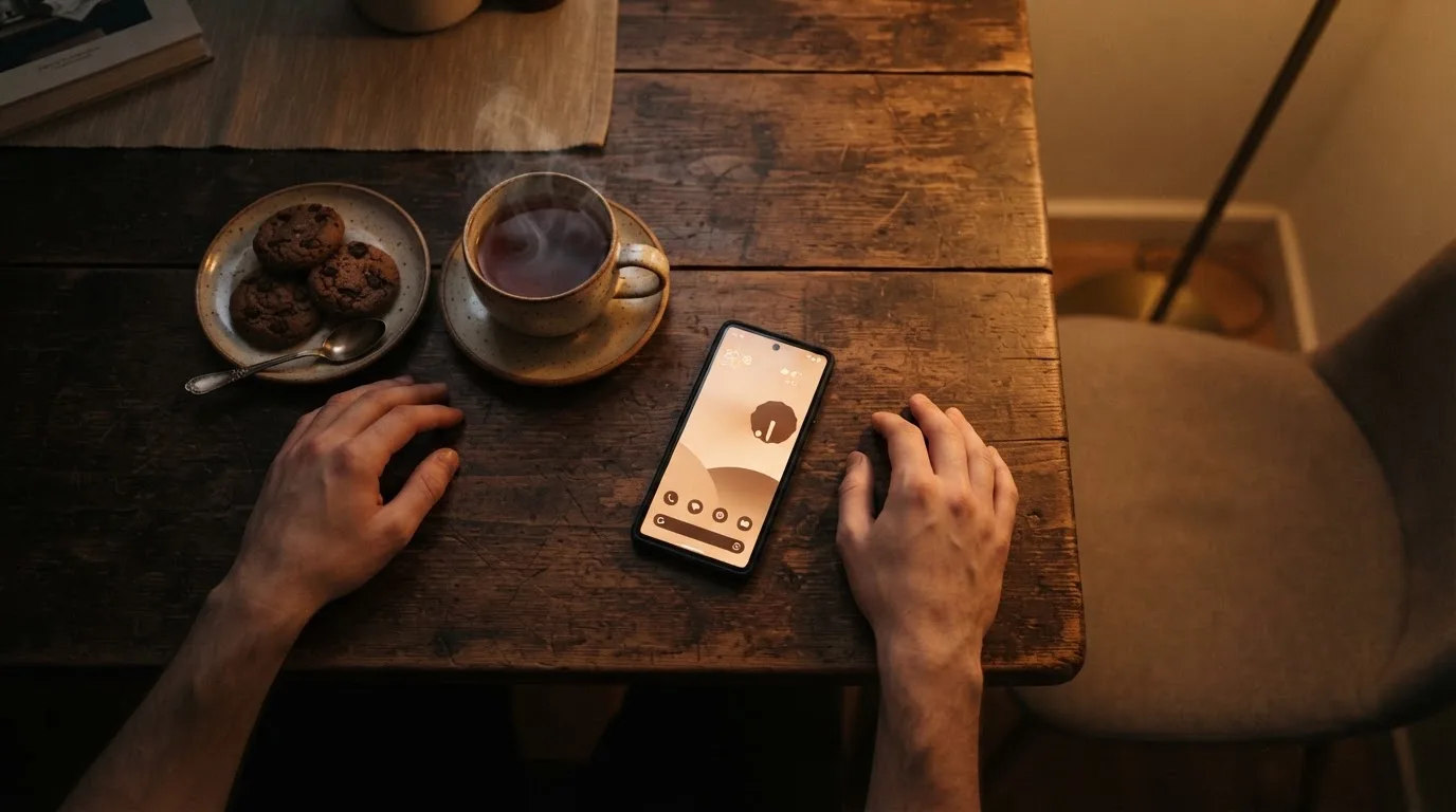 Hand hält ein Smartphone, daneben eine Tasse Tee, ruhige Abendstimmung am Küchentisch — beste online casino österreich