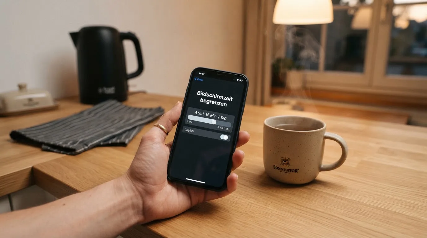 Hand hält ein Smartphone, daneben eine Tasse Tee, ruhige Abendstimmung am Küchentisch — beste online casinos echtgeld