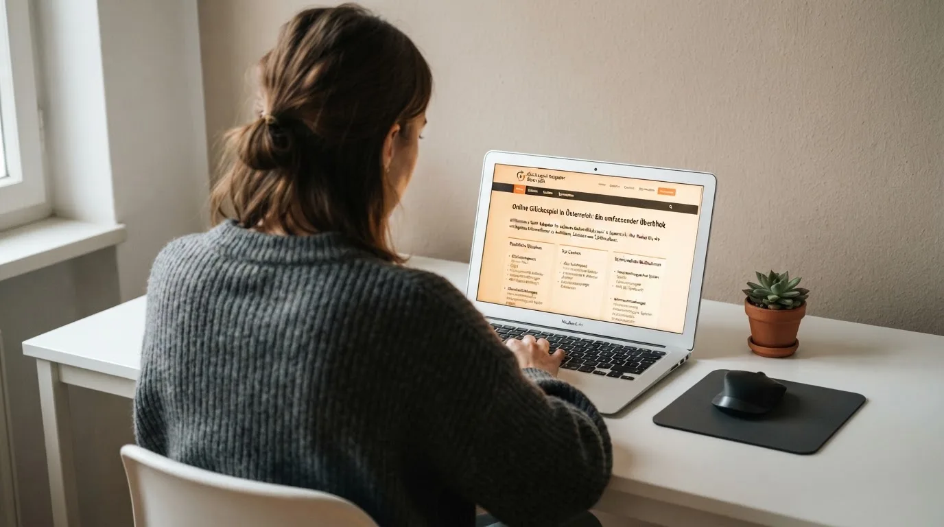 Person am Laptop liest eine Übersichtsseite zu Glücksspielen im Internet — beste online casinos mit österreichischer lizenz