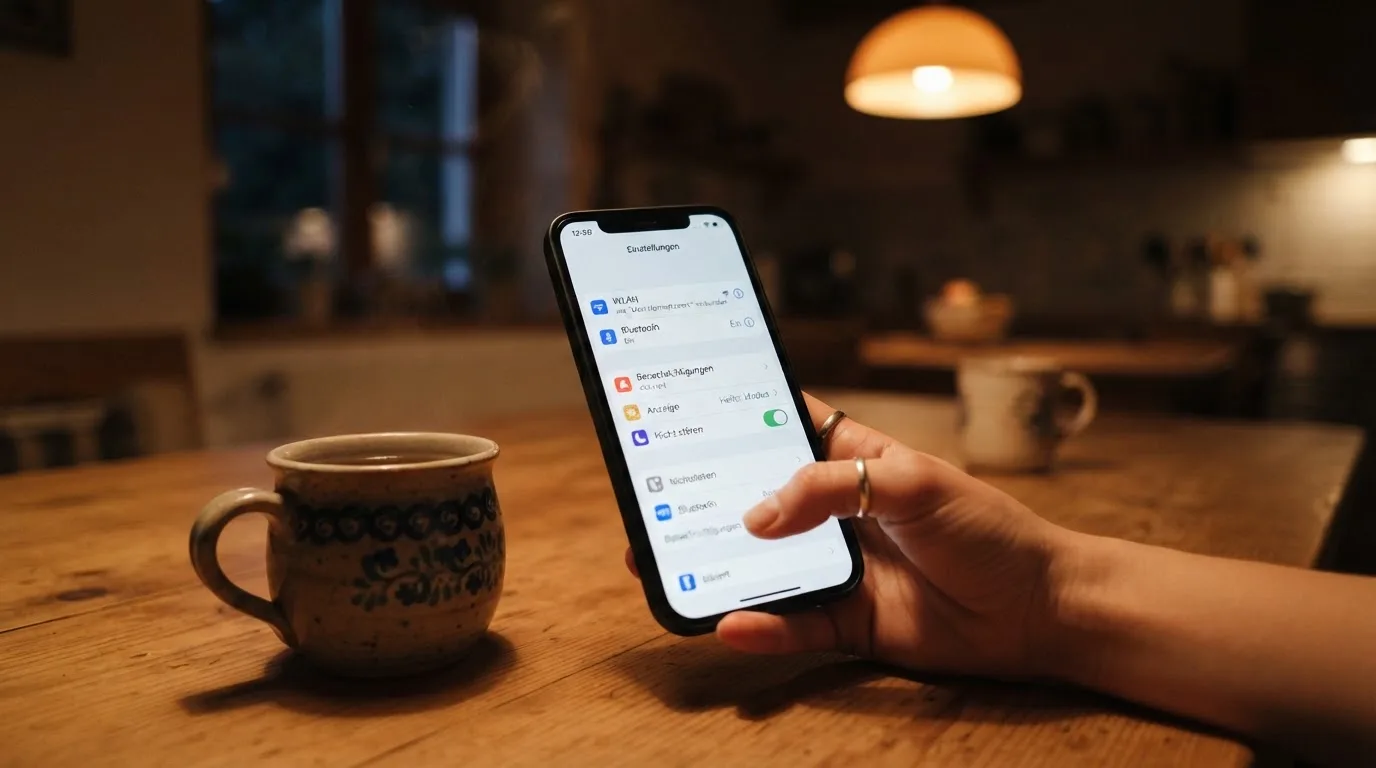 Hand hält ein Smartphone, daneben eine Tasse Tee, ruhige Abendstimmung am Küchentisch — beste online casinos mit österreichischer lizenz