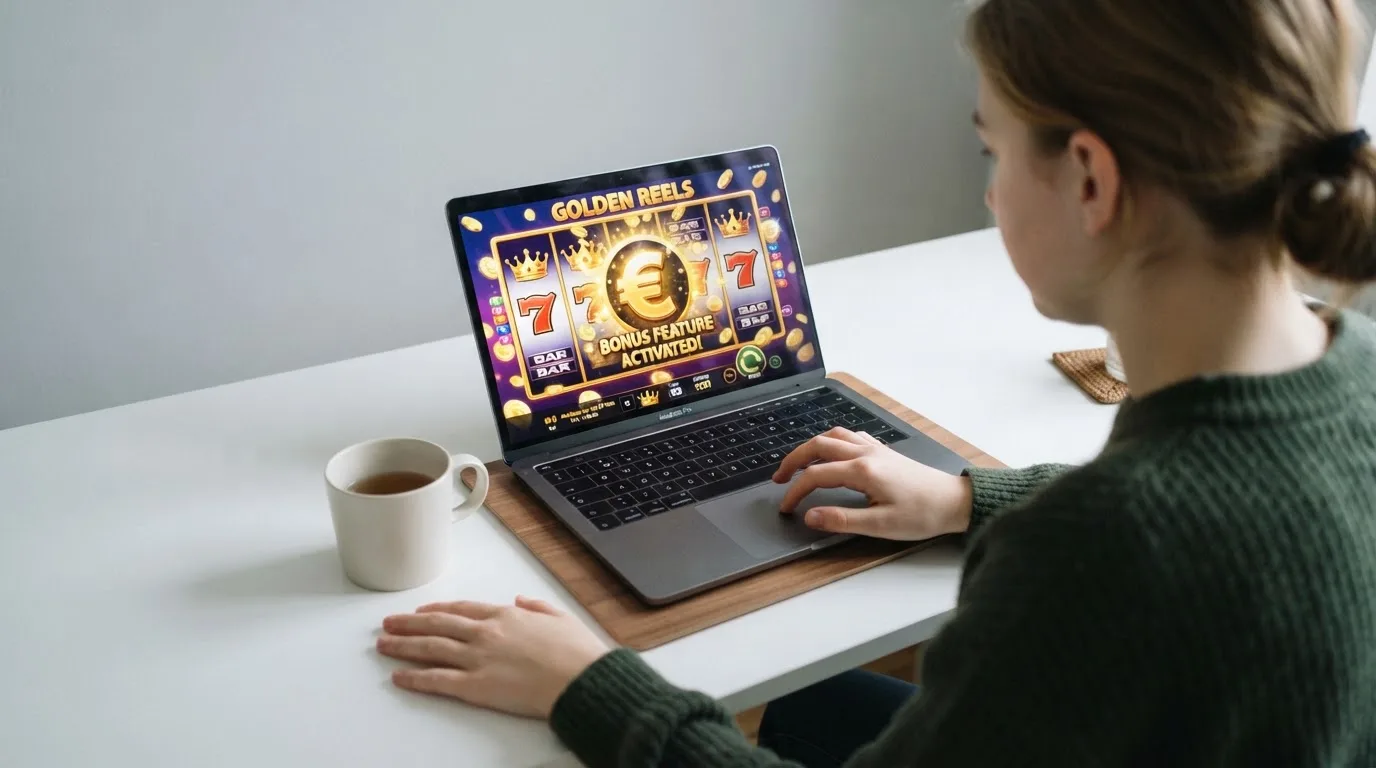 Person am Laptop liest eine Übersichtsseite zu Glücksspielen im Internet — beste online casinos österreich mit no deposit bonus