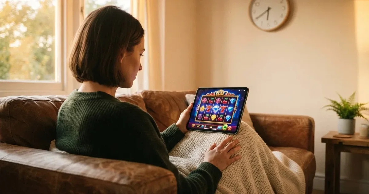 Person am Sofa schaut nachdenklich auf ein Tablet, im Hintergrund eine Uhr — beste online casinos österreich mit no deposit bonus