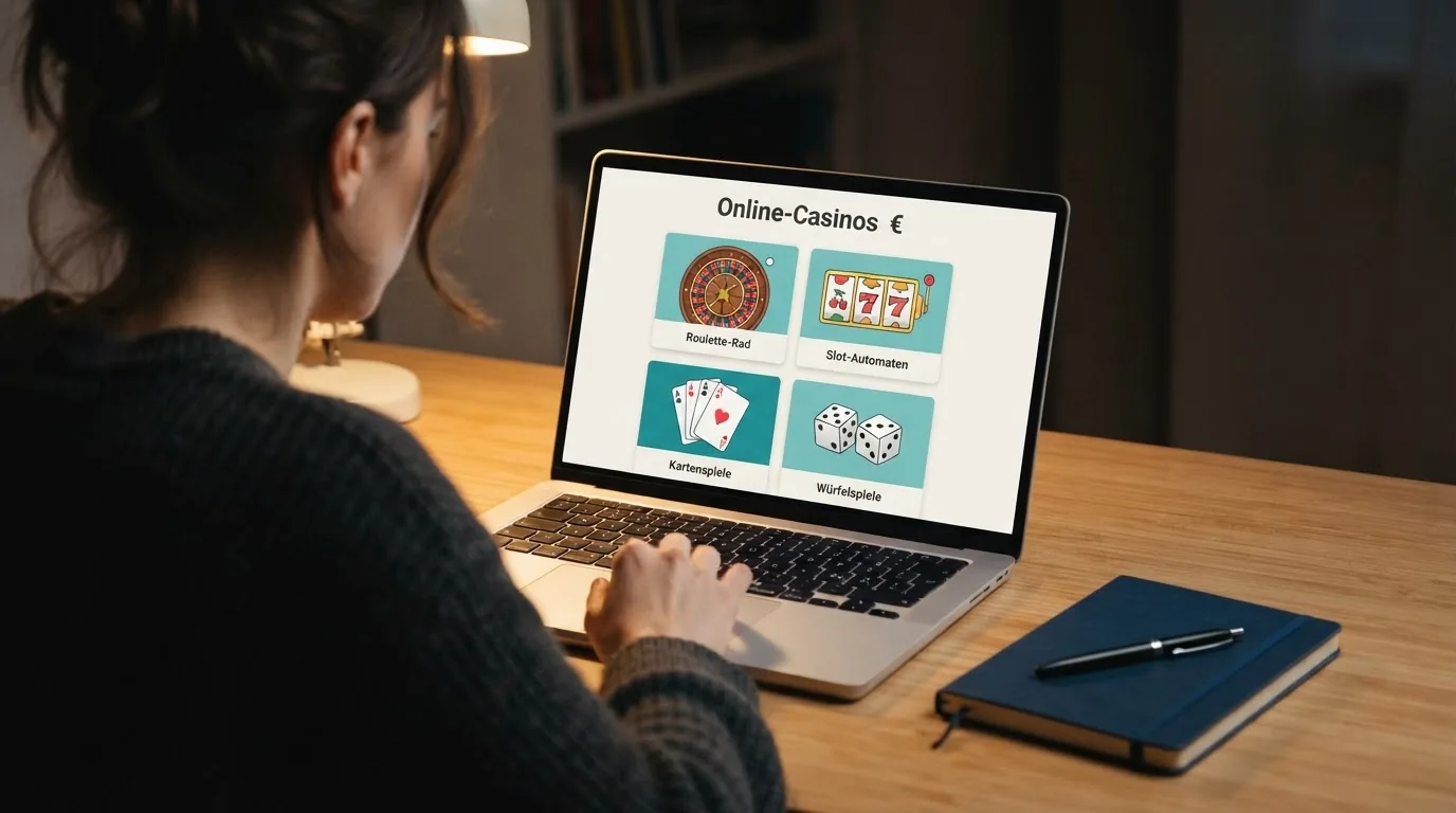 Person am Laptop liest eine Übersichtsseite zu Glücksspielen im Internet — beste online casinos ohne limit