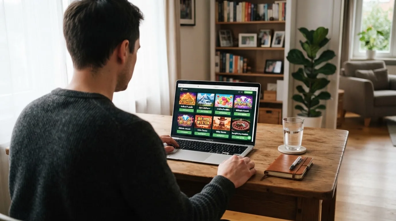 Person am Laptop liest eine Übersichtsseite zu Glücksspielen im Internet — beste online casinos ohne verifizierung