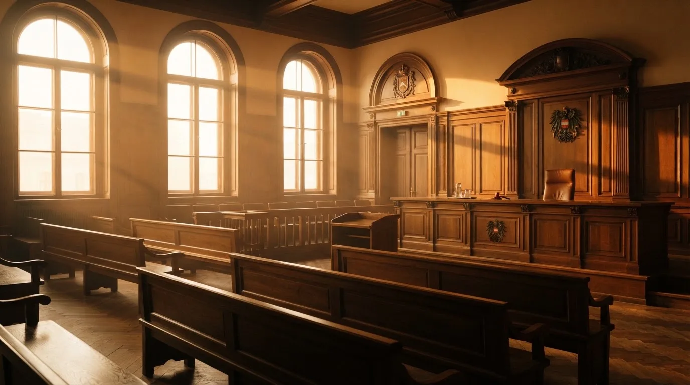 Gerichtssaal mit leerer Richterbank und Holzvertäfelung im Morgenlicht — beste online spielothek casinos