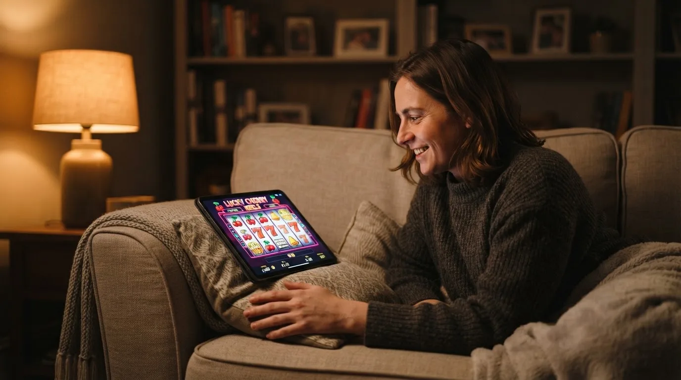 Person sitzt entspannt auf einem Sofa und blickt konzentriert auf ein Tablet in gedämpftem Wohnzimmerlicht am Abend.