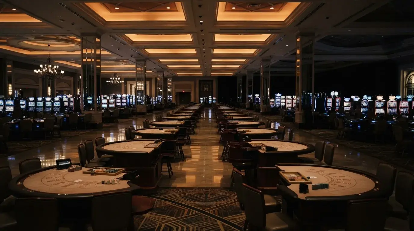 Weitwinkelaufnahme eines leeren, dezent beleuchteten Casino-Saals ohne Personen kurz vor der Öffnungszeit.