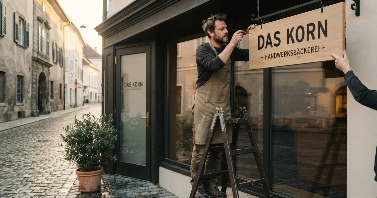 Handwerker montiert ein noch unbeschriftetes Schild über dem Eingang eines neuen Ladengeschäfts am Morgen.
