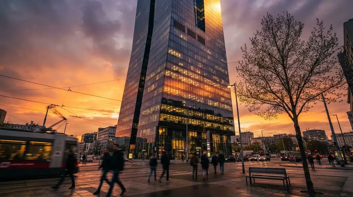 Modernes Glasbürogebäude in Wien bei Sonnenuntergang, aufgenommen von einer belebten Straße aus.