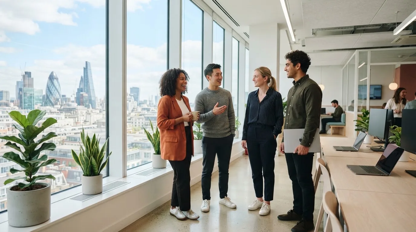 Junges Team steht gemeinsam in einem modernen, hellen Büro und unterhält sich vor großen Fensterfronten.