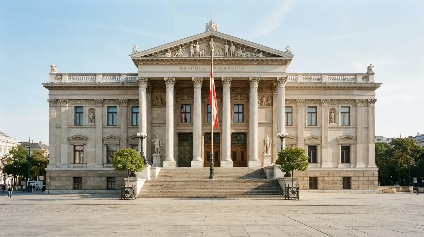 Fassade eines klassizistischen Wiener Amtsgebäudes mit österreichischer Flagge an einem klaren Nachmittag.