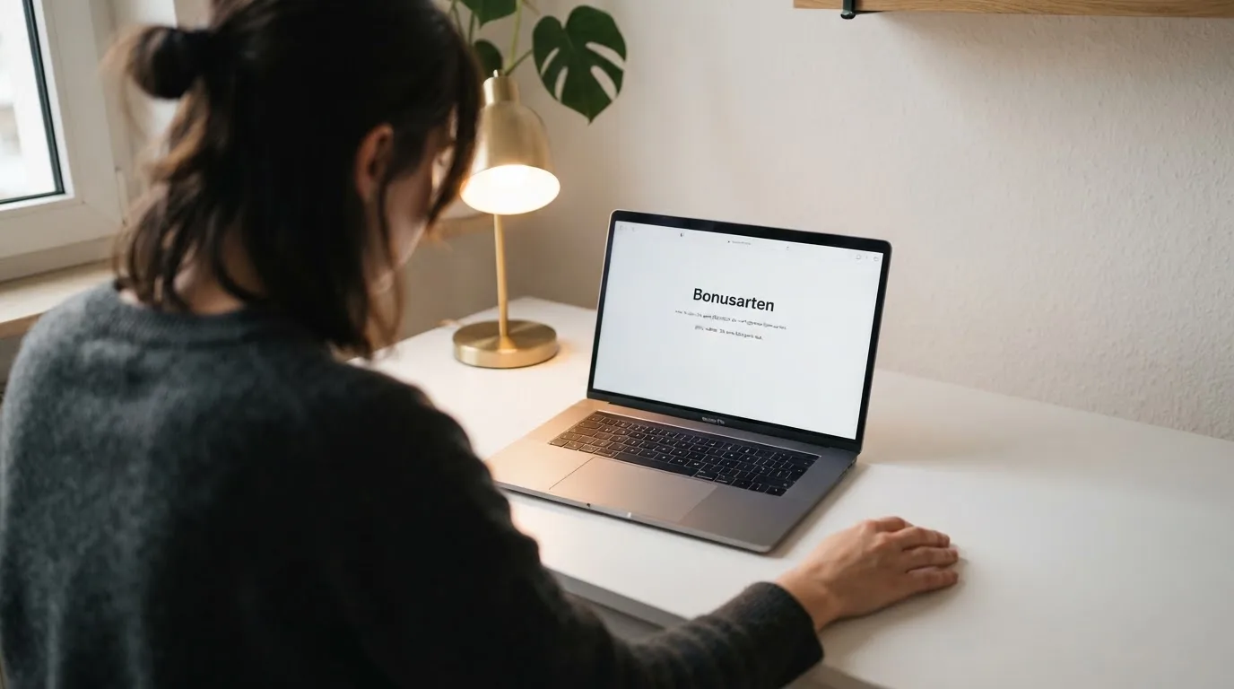 Person am Laptop liest eine Übersichtsseite zu Glücksspielen im Internet — bester willkommensbonus online casino