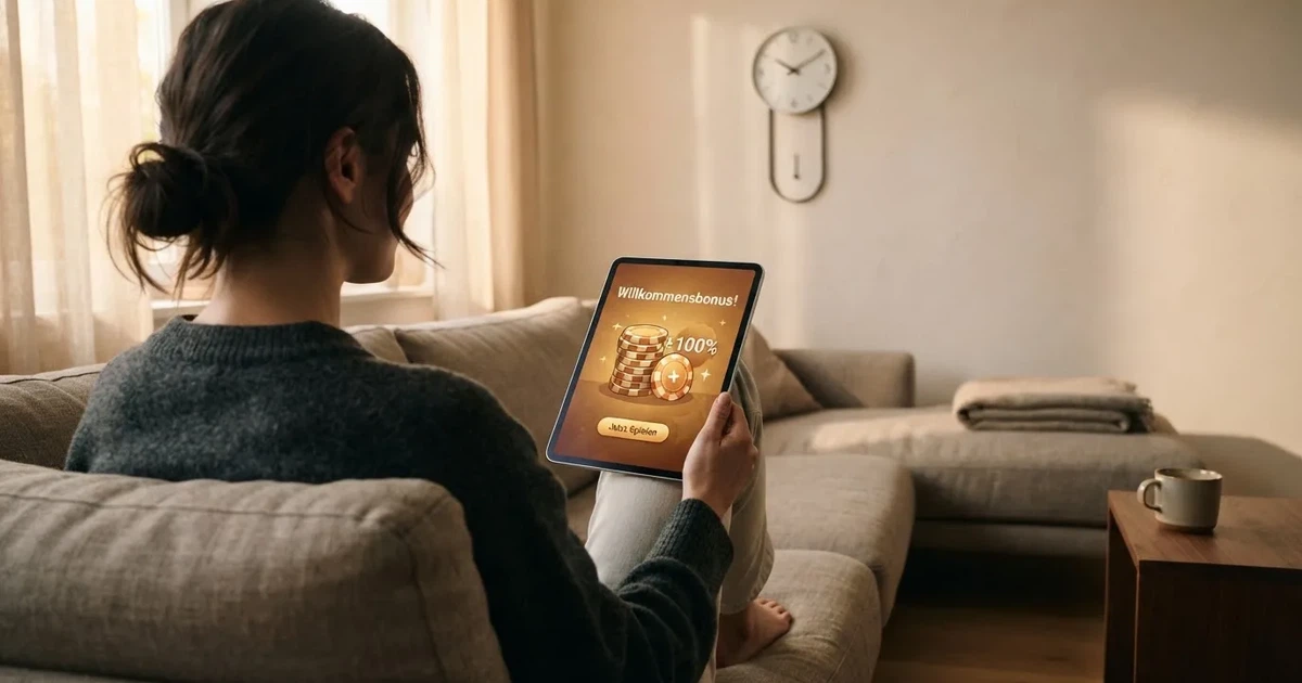 Person am Sofa schaut nachdenklich auf ein Tablet, im Hintergrund eine Uhr — bester willkommensbonus online casino