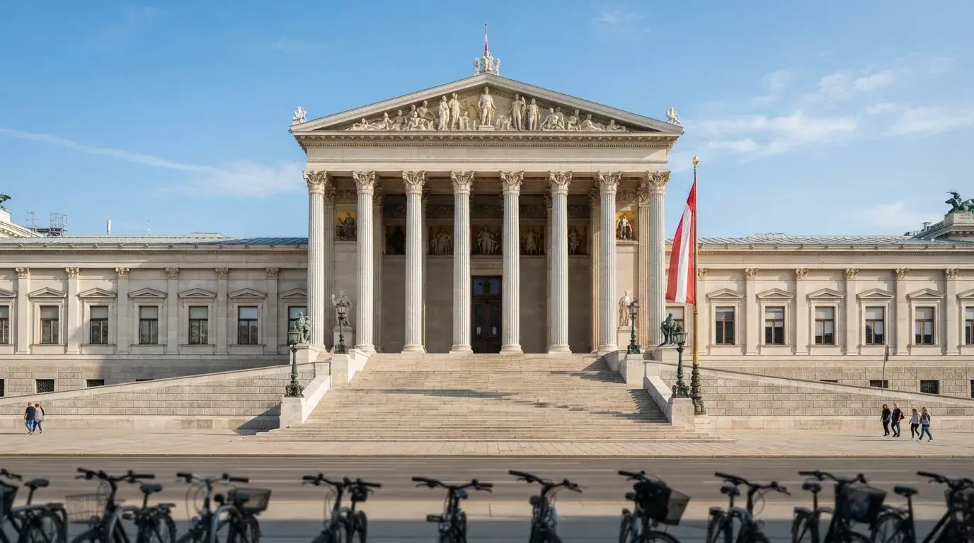 Fassade eines klassizistischen Wiener Amtsgebäudes mit österreichischer Flagge an einem klaren Nachmittag.
