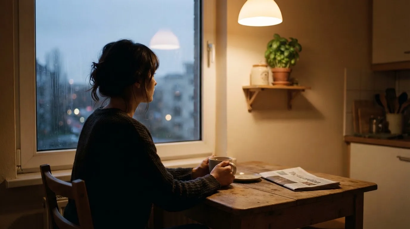 Person sitzt allein an einem Küchentisch mit einer Tasse Tee und blickt nachdenklich aus dem Fenster am Abend.