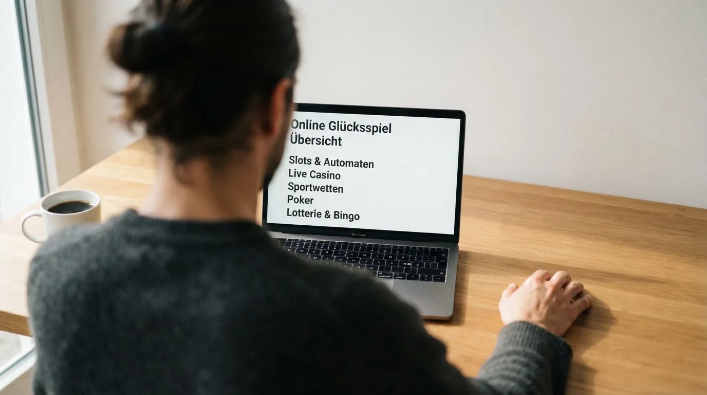 Person am Laptop liest eine Übersichtsseite zu Glücksspielen im Internet — bitcoin cash casino vergleich