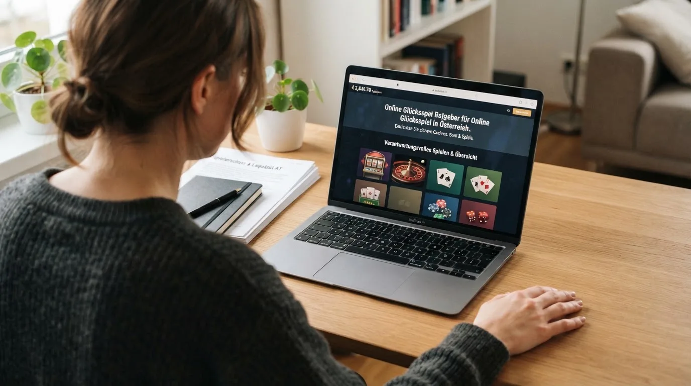 Person am Laptop liest eine Übersichtsseite zu Glücksspielen im Internet — casino guthaben ohne einzahlung