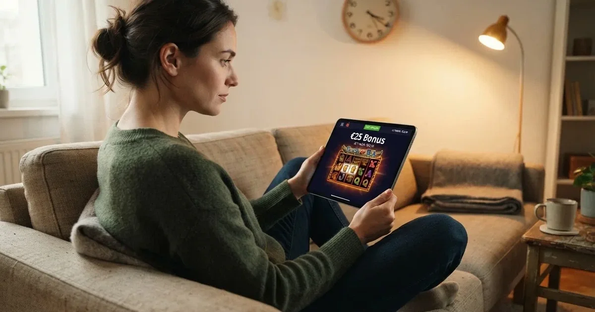 Person am Sofa schaut nachdenklich auf ein Tablet, im Hintergrund eine Uhr — casino guthaben ohne einzahlung