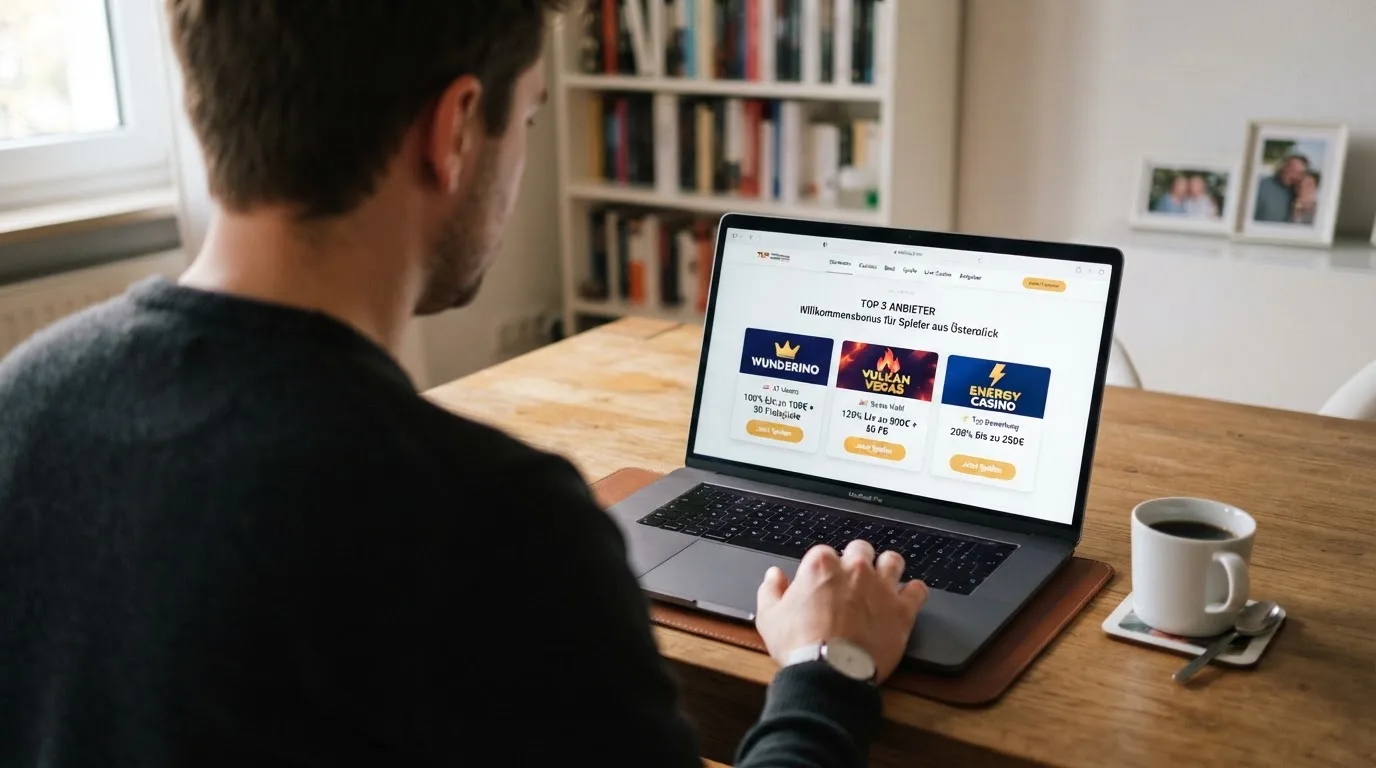 Person am Laptop liest eine Übersichtsseite zu Glücksspielen im Internet — casino mit hoher gewinnchance